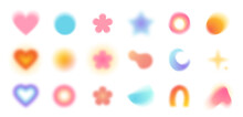 Abstract blurred Gradient Shapes, Blurry Flower Or Heart aura aesthetic elements, Colorful soft Gradients. Circle, Star And Moon Shape Blurs, various Geometric Forms With Blurring Effect vector Set