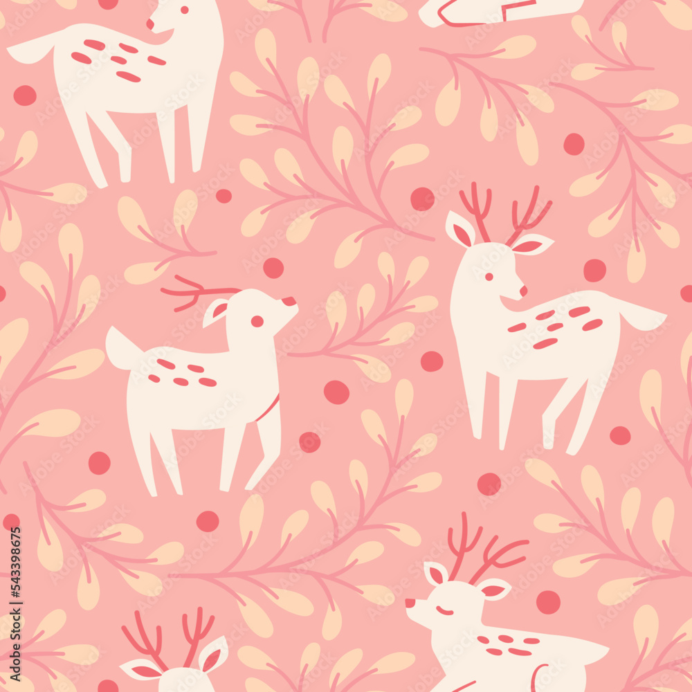 Cute seamless pattern with reindeer and floral elements. Vector ...