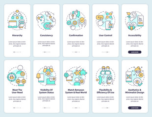 User experience design principles onboarding mobile app screen set. Walkthrough 5 steps editable graphic instructions with linear concepts. UI, UX, GUI template. Myriad Pro-Bold, Regular fonts used