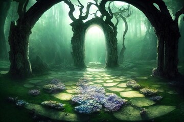 Wall Mural - A fantastic magical gateway portal in the forest. Colorful picturesque bright forest. The round portal teleports to other worlds. Fantastic landscape 3d illustration