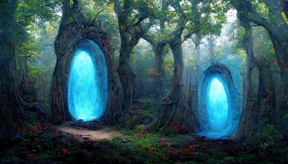 Canvas Print - A fantastic magical gateway portal in the forest. Colorful picturesque bright forest. The round portal teleports to other worlds. Fantastic landscape 3d illustration