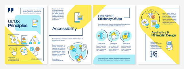 UI UX basics blue and yellow brochure template. User interface. Leaflet design with linear icons. Editable 4 vector layouts for presentation, annual reports. Questrial, Lato Regular fonts used