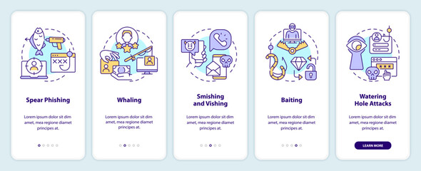 Wall Mural - types of social engineering attacks onboarding mobile app screen. walkthrough 5 steps editable graph