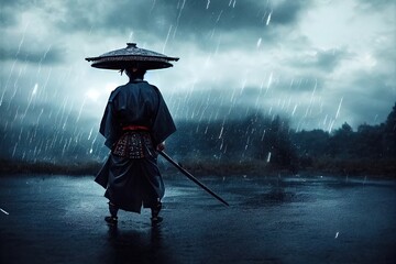 Raster illustration of samurai stay with swords in heavy rain. A samurai covered in blood in a gray coat brandishes a sword, war, battles, martial arts, splashes of water and blood. 3d artwork