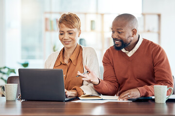 Canvas Print - Planning, finance and budget with black couple and laptop for investment, retirement savings or online payment. Accounting, insurance and mortgage with man and woman for tax, audit and loan review