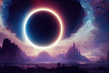 Wall Mural - Raster illustration of solar eclipse in the middle of an uninhabited desert. Big circle with neon glow in the sky, tornado, Subdued light, meditation, force of nature. 3d artwork