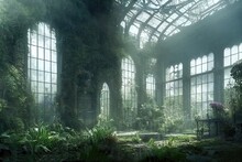 Raster Illustration Of Botanical Garden With Huge High Windows. Plants, Leaf, Leaves, Foliage, Tropical, Rare Species, Palm Tree, Fern, Ivy, Glass Vaulted Ceiling, Cloudy Day. 3D Artwork Background