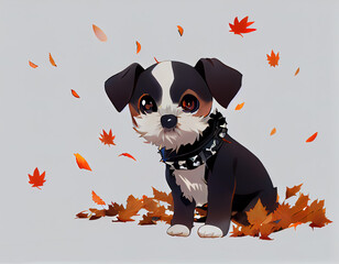 Wall Mural - Black and white terrier playing with leaves in the studio