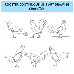 Set of rooster line design. Hen decorative elements drawn one continuous line. Vector illustration of minimalist style on white background.