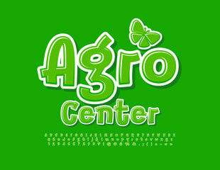 Vector green poster Agro Center. Bright creative Font. Modern Alphabet Letters and Numbers set