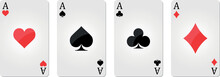 Set Of Four Aces Playing Cards Suits. Winning Poker Hand. Set Of Hearts, Spades, Clubs, And Diamonds Ace	