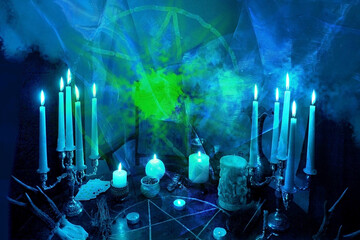 esoteric table in dark blue room, pentagram is drawn, candles burn, oracle foretelling, smoke, concept of magic, witchcraft, esoteric Oracle performs ritual of removing spell of black magic, esoteric