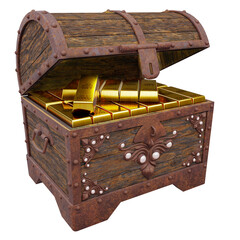 Wall Mural - Gold bars or ingots are placed in a treasure chest. Box is made of old rusty metal wood, there is a treasure inside is a gold bar. The most popular assets in the collection of investors. 3D rendering.