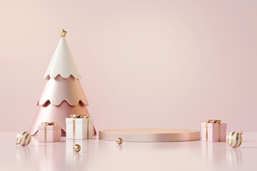 3D rendering pink gold product display stand, with Christmas tree model, gift boxes and gold baubles on pastel pink background. Luxury Christmas sale presentation scene.