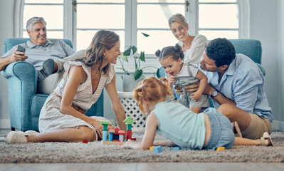 Canvas Print - Family, grandparents and children play on carpet together and relax for learning, teaching and home language development. Happy family, mother and father with kids games or puzzle for mindset growth