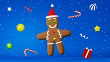Christmas Cookie Gingerbread Man In Santa Hat Snow 3d Animation Blue Background. Xmas Party Advertisement. New Year Greeting Card Festive Winter Holiday Website Screensaver Candy Cane Decorations 4K