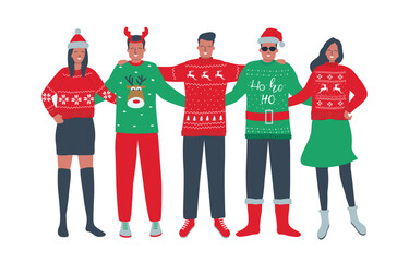 Wall Mural - Ugly Christmas Sweater Party. Young people in red and green Christmas sweaters. Best friends stand together and hug. Vector illustration.