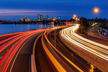 Wall Mural - Blue Hour Traffic, with light trails, looking towards Perth City