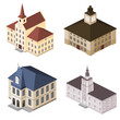 Set of city halls, town halls, residentals, isometric.