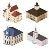 Fototapeta  - Set of city halls, town halls, residentals, isometric.