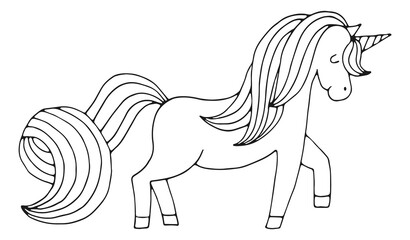 Poster - Cute baby unicorn character. Black line drawing