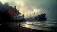 AI Generated Image A Wrecked Ship On A Beach	
