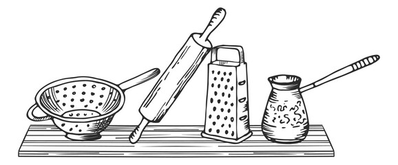 Canvas Print - Kitchen shelf with different tools. Cooking equipment sketch