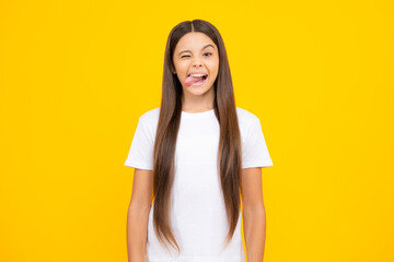 Sticker - Funny kids face. Portrait of silly teenager child girl smiling and showing tongue in camera making funny faces.