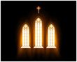 Blessing light flows through church window, morning radiance via stained-glass window in temple, liturgy pray, vector