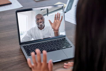 business people wave hello on laptop screen, video call and online meeting with employee in company 