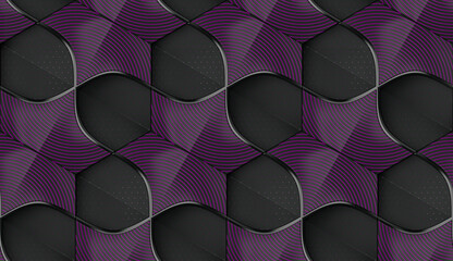 Wall Mural - Black geometric seamless pattern with purple stripes. Hexagon tiles with black metallic decor and relief materials. 3D render.
