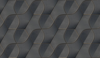 Wall Mural - Abstract geometric seamless pattern in black iron material. Hexagon tiles with golden edge decor. 3D render.