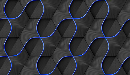 Wall Mural - A geometric seamless pattern of black hexagons with blue metallic decor and relief materials. 3D illustration.