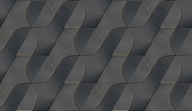 Wall Mural -  - Abstract geometric seamless pattern in black iron material. Hexagon tiles with golden edge decor. 3D render.
