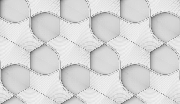Wall Mural -  - Abstract geometric seamless pattern in white material. Hexagon tiles. 3D render.