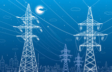 High Voltage Transmission Systems. Electric Pole. Power Lines. A Network Of Interconnected Electrical. White Otlines On Blue Background. Vector Design Illustration