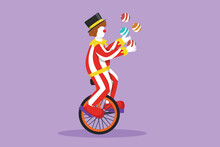 Cartoon Flat Style Drawing Attractive Male Clown Juggling On A Bicycle. The Playing Clown Was Very Funny And Entertained The Audience. Circus Show Event Performance. Graphic Design Vector Illustration