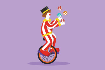 Wall Mural - Cartoon flat style drawing attractive male clown juggling on a bicycle. The playing clown was very funny and entertained the audience. Circus show event performance. Graphic design vector illustration
