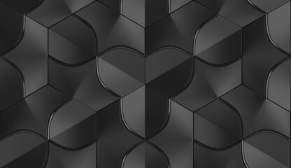 Wall Mural - Abstract geometric seamless pattern in black color. Hexagon tiles with relief materials. 3D render.