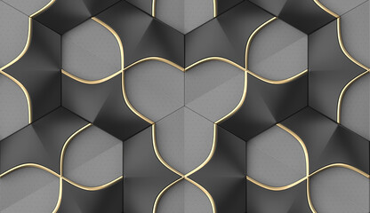 Wall Mural - Abstract geometric seamless pattern in gray and black with golden decor. Hexagon tiles with relief materials. 3D render.