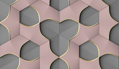 Wall Mural - Abstract geometric seamless pattern in gray and pink with golden decor. Hexagon tiles with relief materials. 3D render.