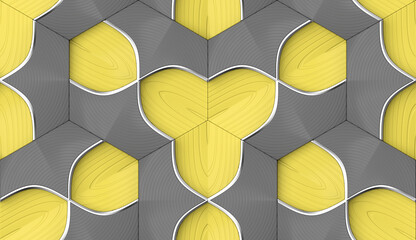 Wall Mural - Abstract geometric seamless pattern in gray and yellow with silver decor. Hexagon tiles with relief materials. 3D render.