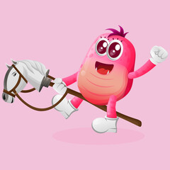 Poster - Cute pink monster playing with toy horse