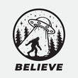 Bigfoot and UFO sticker design. Sasquatch alien abduction art. Flying saucer cryptid believe t-shirt design. Vector illustration.