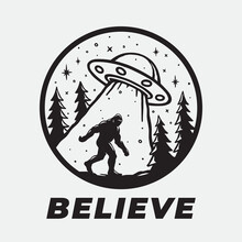 Bigfoot And UFO Sticker Design. Sasquatch Alien Abduction Art. Flying Saucer Cryptid Believe T-shirt Design. Vector Illustration.