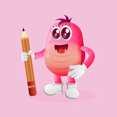 Wall Mural - Cute pink monster holding pencil