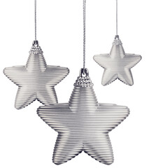 Wall Mural - three modern style silver christmas decoration stars hanging, isolated