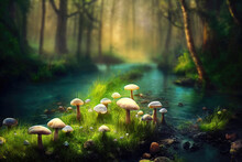 Magical Brook In Forest With Mushrooms And Trees