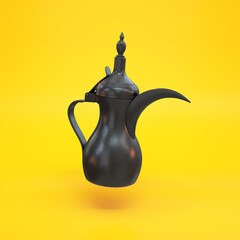 Black traditional Arab coffee pot Dallah floating on a yellow background, 3d render