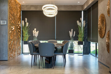 Leinwandbilder - Roller blinds in the interior. Automatic blackout shades large size on the windows. Modern interior with wood decor panels on the wall. Green plants in hi-tech flower pots. Electric curtains for home.